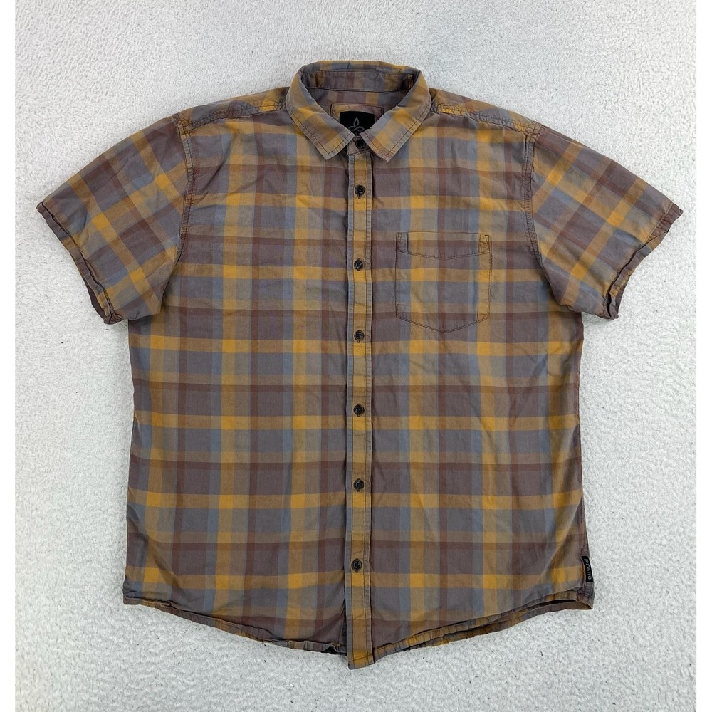 PrAna Shirt Mens Large Brown Plaid Short Sleeve Button Up Organic Cotton Casual